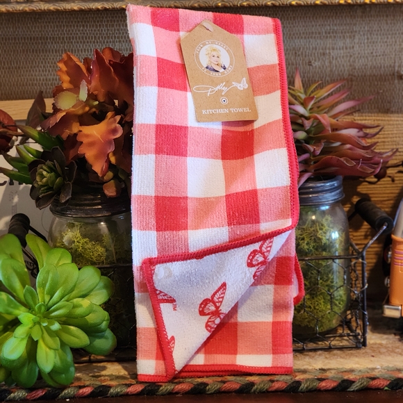 Dolly Parton Red Gingham Kitchen Towel with Butterfly - Picture 1 of 4